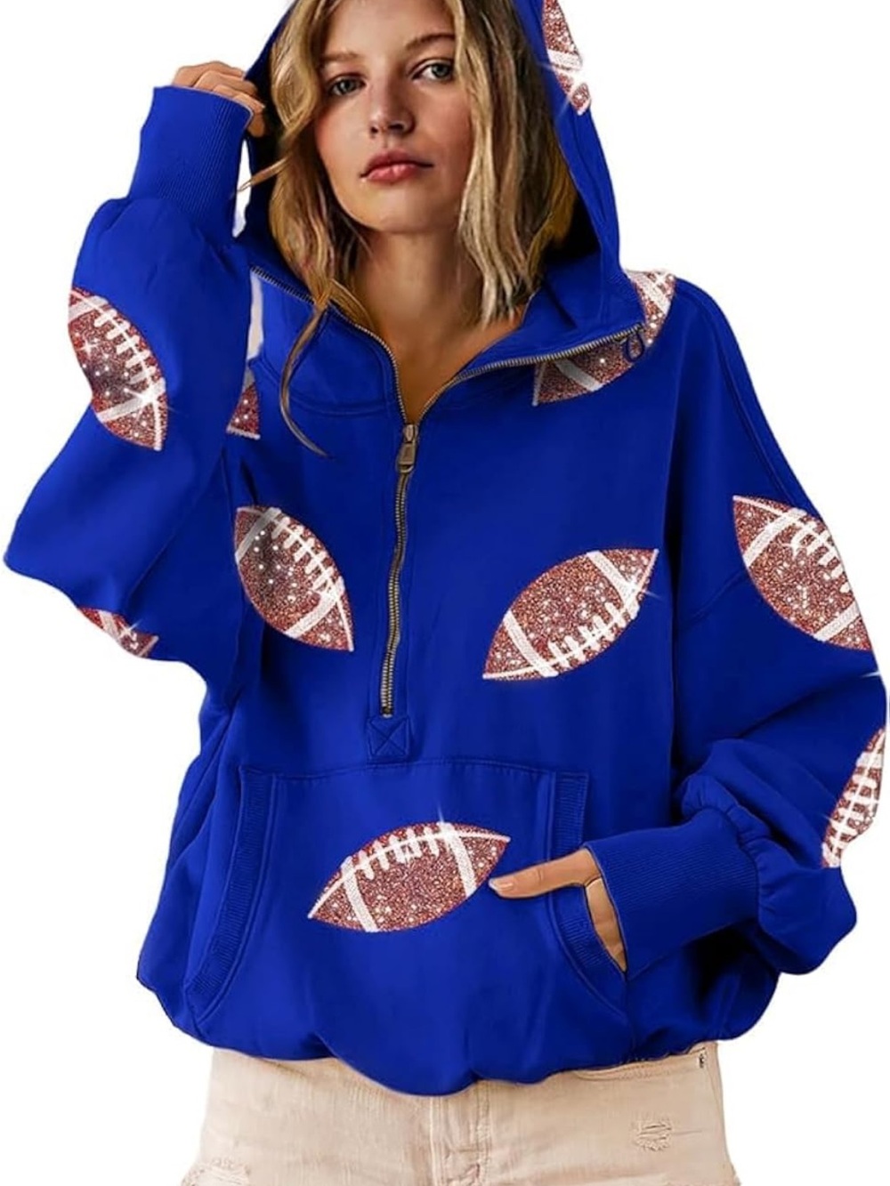 Sequin Blue Football-Print Half-Zip Hoodie Sweatshirt